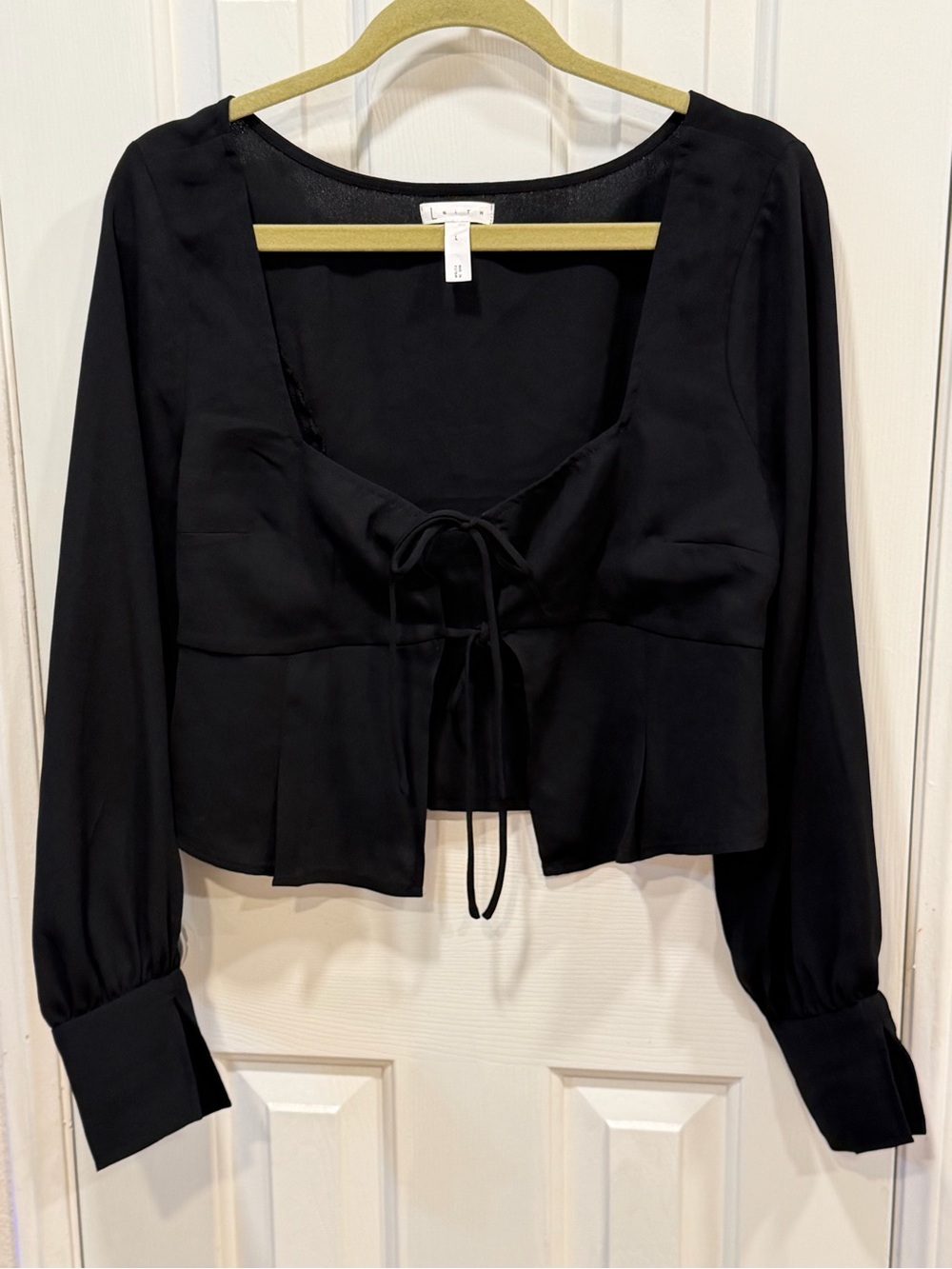 Leith Black Tie-Front Long Sleeve Blouse